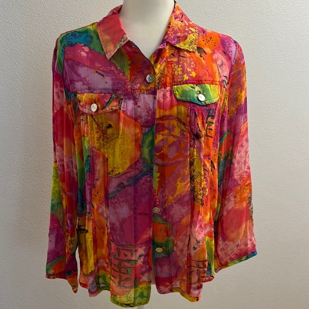 Chico's Colorful Silk Button Down Shirt size 2 (medium)